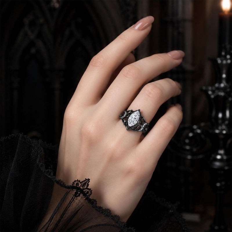 Sterling Silver 10K 14K 18K Gold Moissanite Gothic Black  Engagement Wedding Ring  for Women