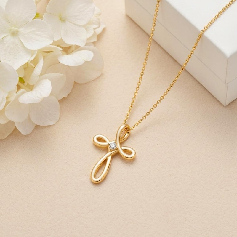 14K Gold Plated Cubic Zircon Infinity  Cross Necklace for Women Faith Jewelry
