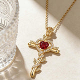 14K Gold Plated Heart Birthstone Rose Cross  Pendant Necklace  Religious Christian Jewelry for Women