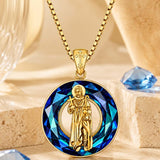 14K Gold Plated Blue Crystal Saint Protection Pendant Necklace Amulet Baptism Gift
