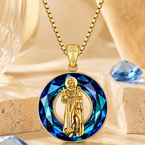 14K Gold Plated Blue Crystal Saint Protection Pendant Necklace Amulet Baptism Gift