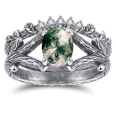 Sterling Silver Moss Agate Moonstone Branch Engagement Wedding Promise Ring  for Her