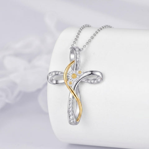Sterling Silver Daisy Rose Plumeria Lotus Sunflower Cross Pendant Necklace for Women