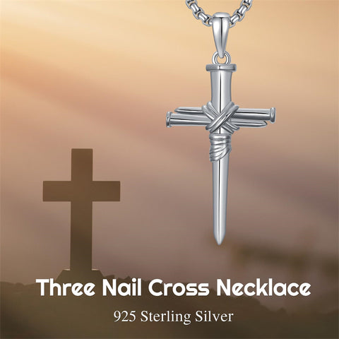 Sterling Silver 3 Nail Cross Pendant Necklace for Men