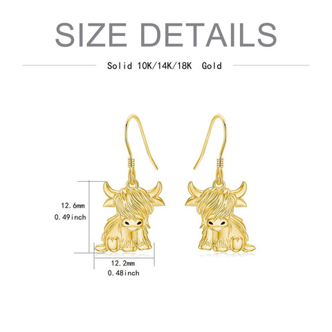 10K 14K 18K Gold Highland Cow Animal Earrings