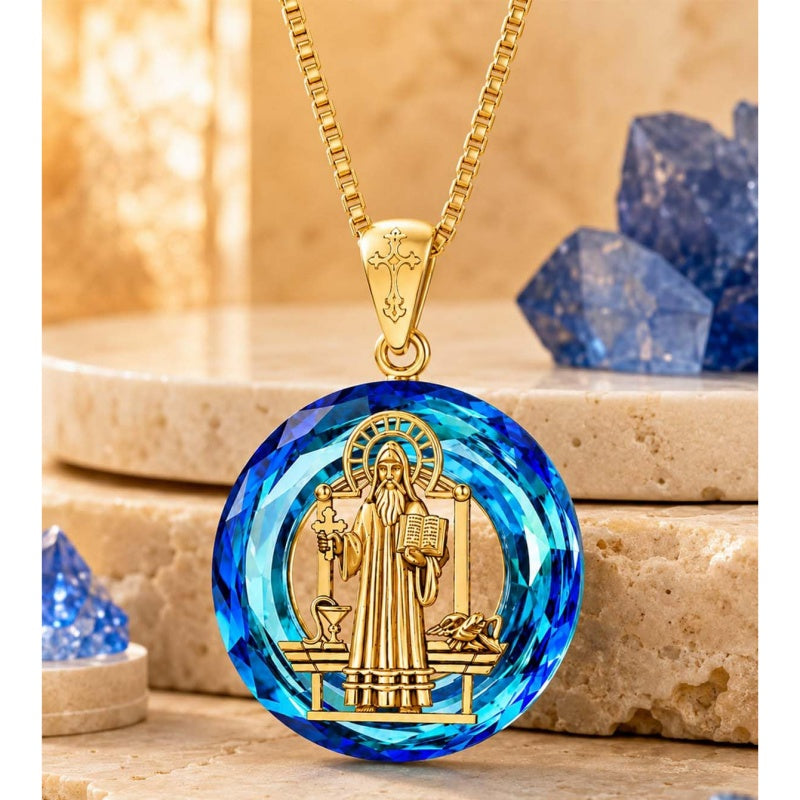 14K Gold Plated Blue Crystal Saint Protection Pendant Necklace Amulet Baptism Gift