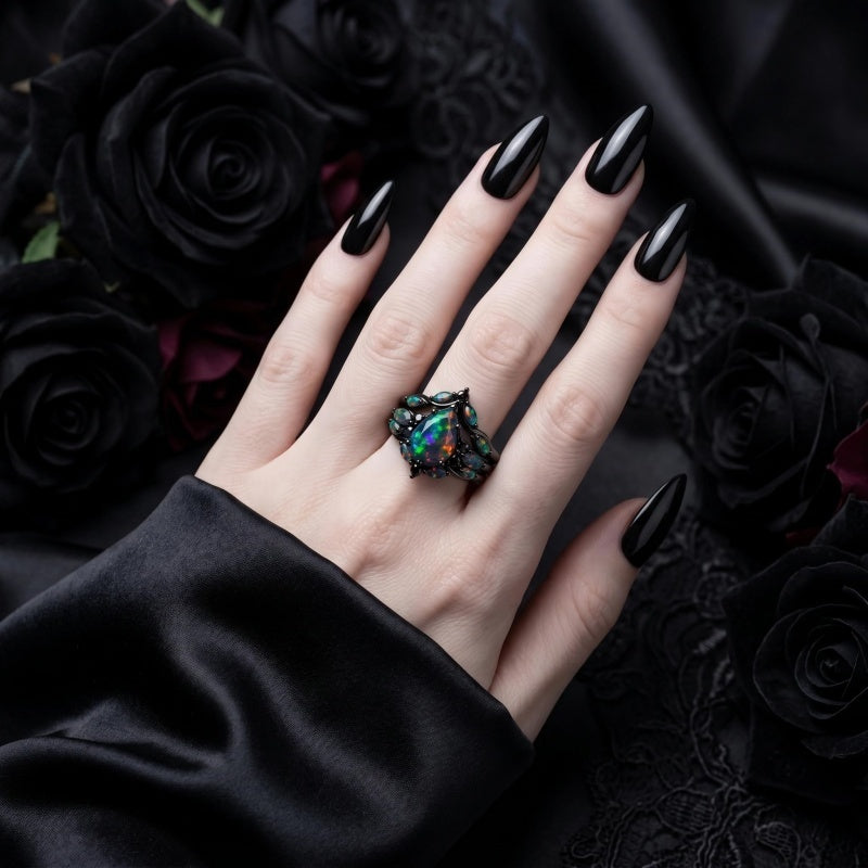 Sterling Silver 10K  14K  18K  Gold Personalized Engraved Black Opal Engagement Wedding Promise Ring for Her