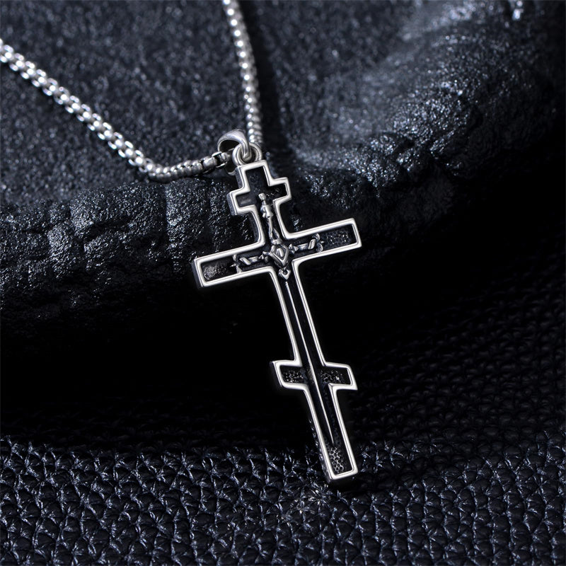 Sterling Silver Wooden Lion Orthodox Sword Wolf Cross Pendant Necklace