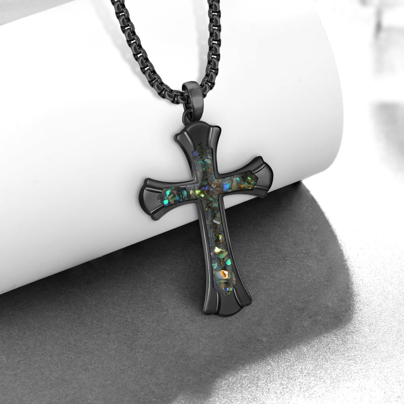 14K Gold Plated Turquoise Malachite Abalone Shell Cross Pendant Necklace for Men