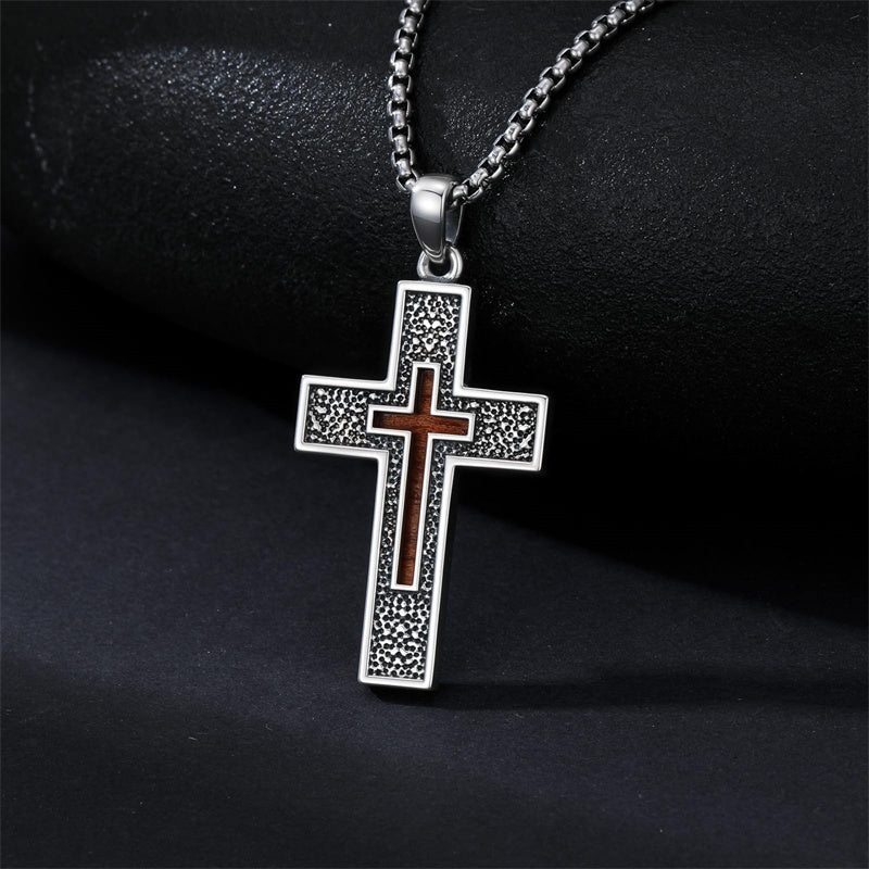 Sterling Silver Wooden Lion Orthodox Sword Wolf Cross Pendant Necklace