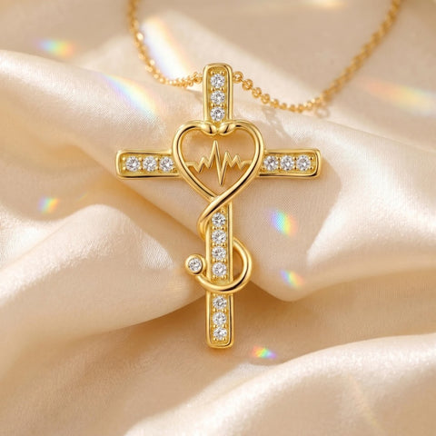 14K Gold Plated Stethoscope Cross Necklace Jewelry Christmas Graduation Nurses Week Gift