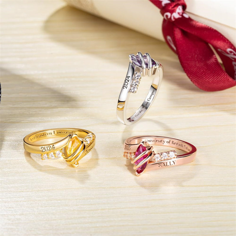 Copper Sterling Silver Personalized Birthstone Engraved Class Ring for Women High School University Graduation Gift