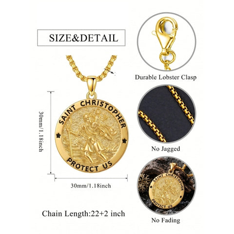 14K Gold Plated Saint Medal Christian  Pendant Necklace for Men