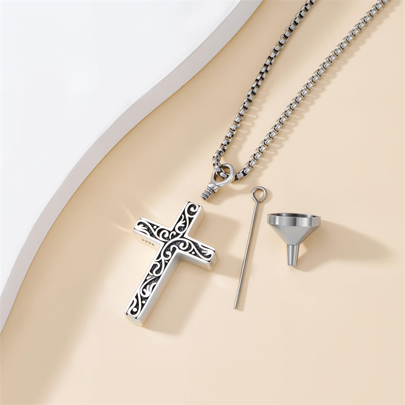 Sterling Silver Filigree Cross Urn Necklace for Ashes