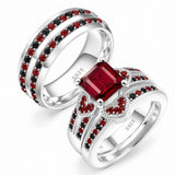Sterling Silver 10K 14K 18K Gold Personalized Engraved  Halloween Dark Red Gemstone Couple Ring Set