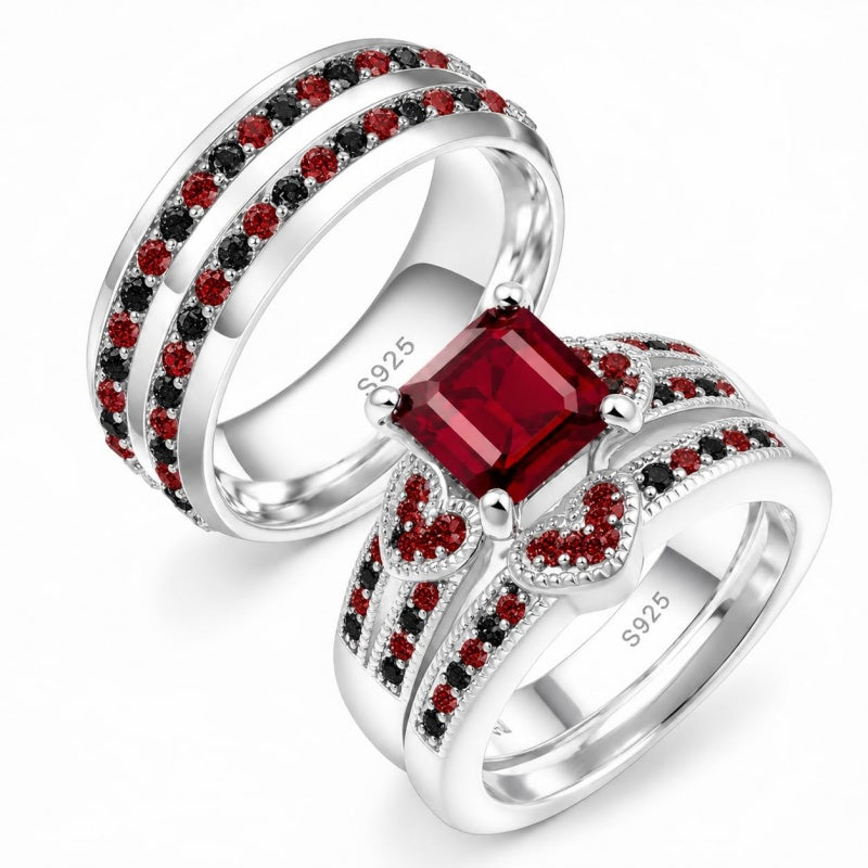 Sterling Silver 10K 14K 18K Gold Personalized Engraved  Halloween Dark Red Gemstone Couple Ring Set