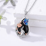 Sterling Silver Obsidian Bunny Cat Elephant Dog Fox Teardrop Pendant Necklace