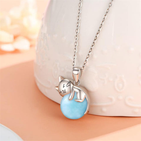 14K Gold Turquoise Larimar Labradorite Moss Agate Blue Sandstone  Cat Pendant Necklace
