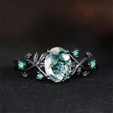 Sterling Silver 10K 14K 18K Gold Natural Leaf  Moss Agate Engagement Anniversary Couple Ring Sets