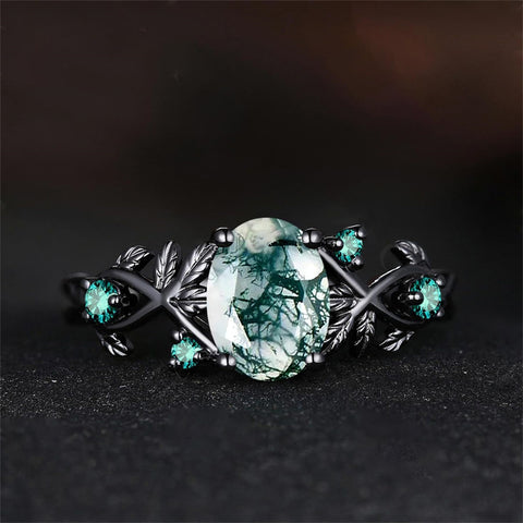 Sterling Silver 10K 14K 18K Gold Natural Leaf  Moss Agate Engagement Anniversary Couple Ring Sets