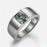 Sterling Silver 10K 14K 18K Gold Personalized Engraved Moss Agate Men's Wedding Ring Engagement Ring