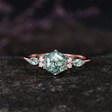 Sterling Silver 2CT Moss Agate  Engagement Wedding Ring Sets for Women