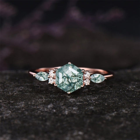 Sterling Silver 2CT Moss Agate  Engagement Wedding Ring Sets for Women