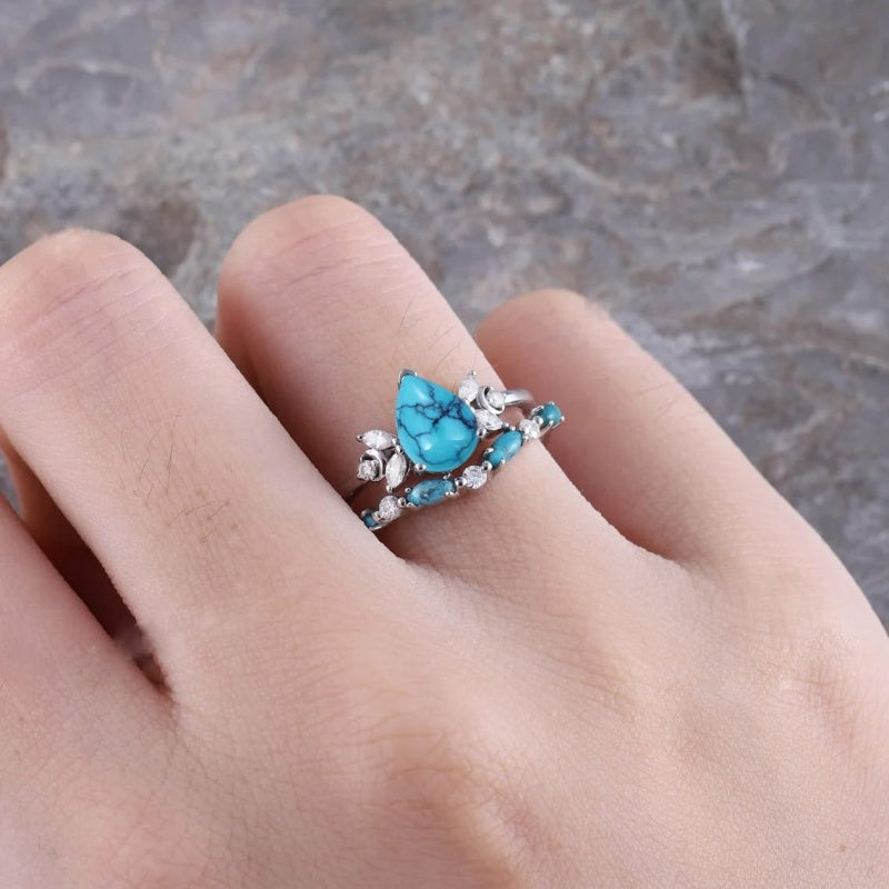 Sterling Silver 10K 14K 18K Gold Turquoise Engagement  Wedding Ring Set for Women