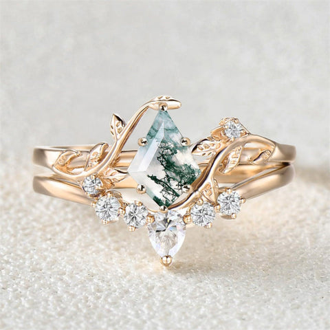Sterling Silver 10K 14K 18K Gold Personalize Engraved Moss Agate Engagement Rings for Women