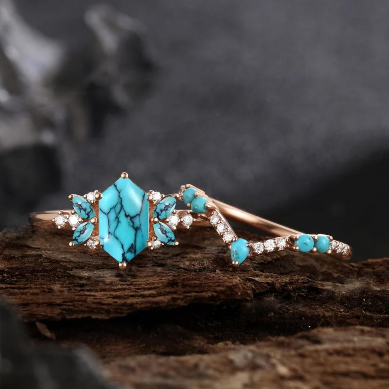 Sterling Silver 10K 14K 18K Gold Turquoise Engagement  Wedding Ring Set for Women
