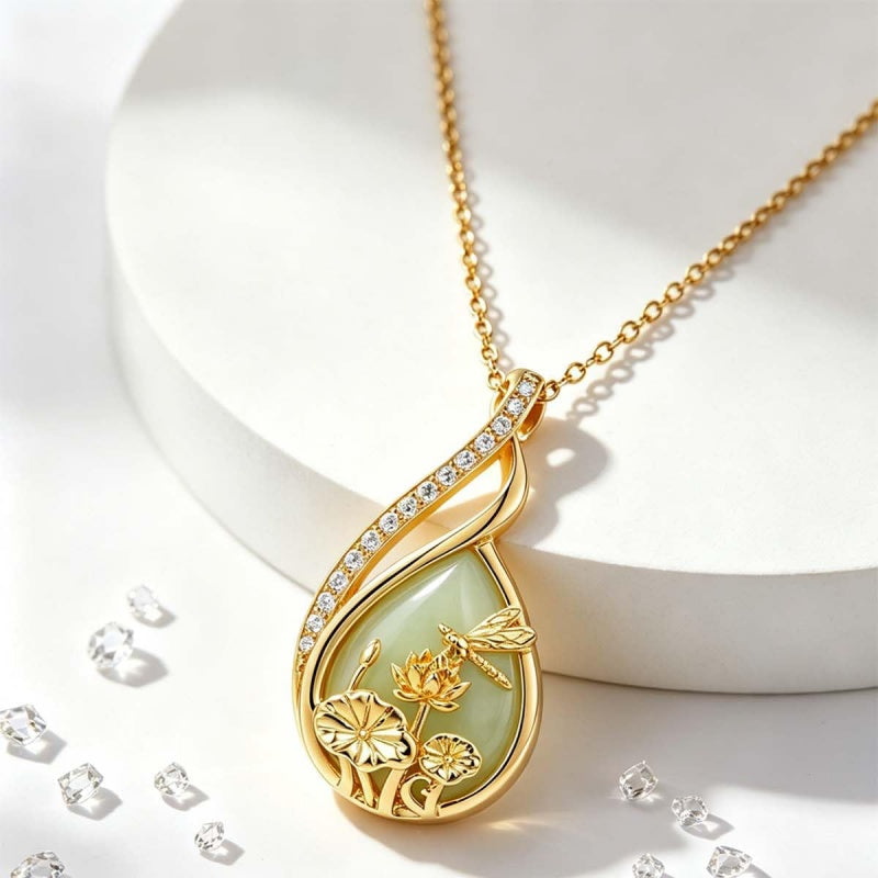 14K Gold Plated Jade Hummingbird Butterfly Dragonfly Turtle Animal Pendant Necklace