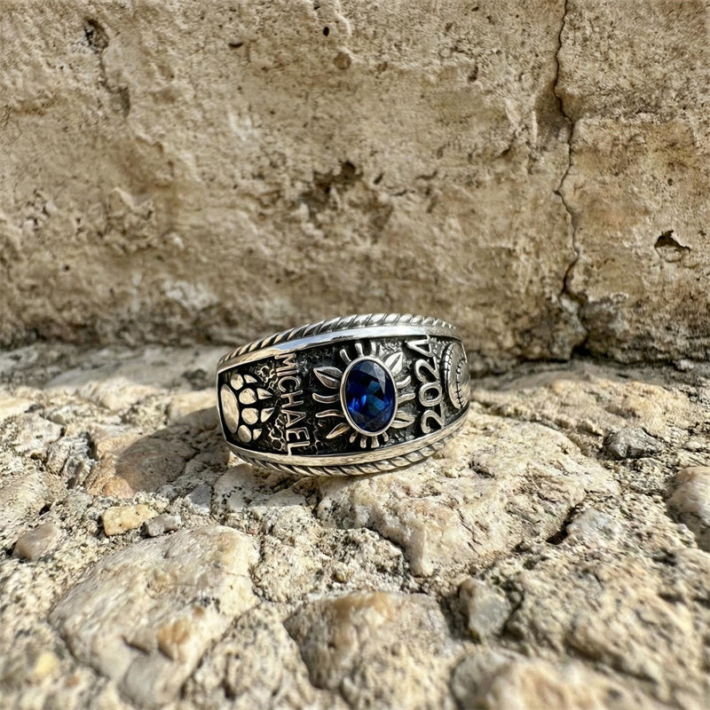 Sterling Silver 10K 14K 18K Gold Custom Birthstone Pattern Class Ring for Men