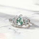 Sterling Silver 2CT Moss Agate  Engagement Wedding Ring Sets for Women