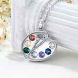 Sterling Silver Colorful CZ Artist Paint Palette and Brush Pendant Necklace