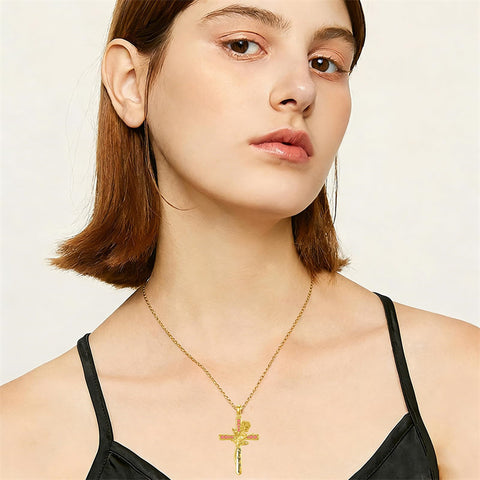 10K 14K 18K Yellow Gold 12 Month Birthstone Rose Flower Pendant Necklace Engraved with I Love You Forever