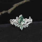 Sterling Silver Pear Natural Moss Agate Engagement Ring Set Wedding Ring