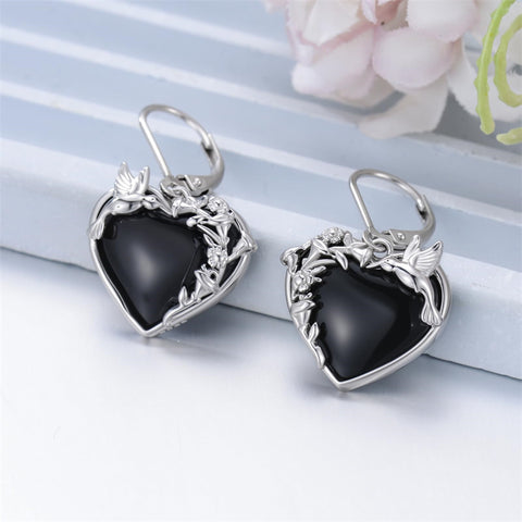 Sterling Silver Black Obsidian Snake Hummingbird Butterfly Dragonfly Leverback Earrings