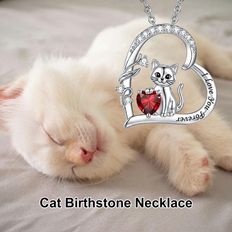Sterling Silver Birthstone Cat Pendant Necklace Jewelry Christmas Birthday Gifts for Women