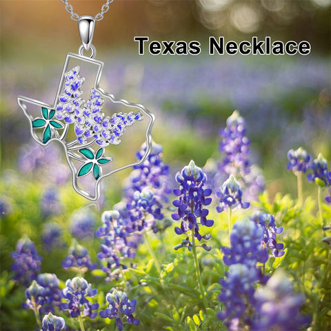 Sterling Silver Hometown Bluebonnets &Texas State Map Flag Pendant Necklace