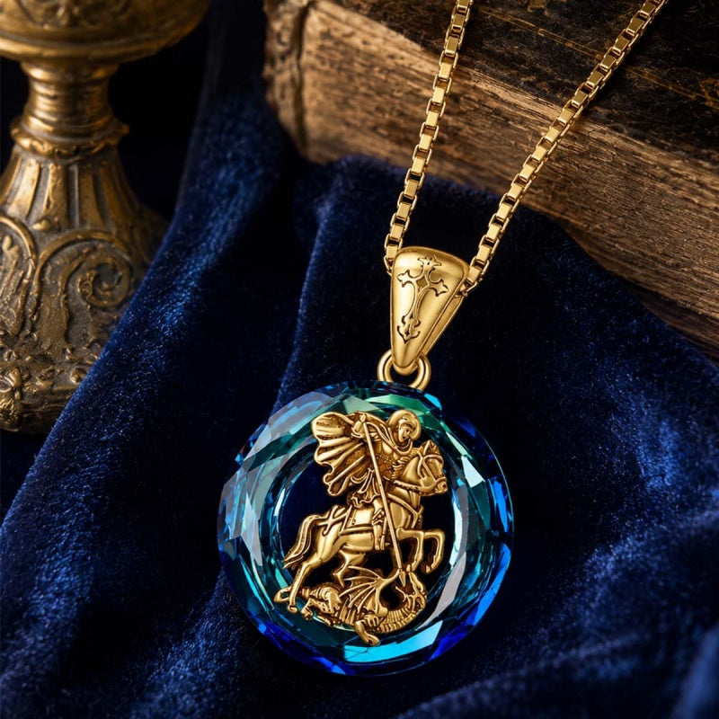 14K Gold Plated Blue Crystal Saint Protection Pendant Necklace Amulet Baptism Gift