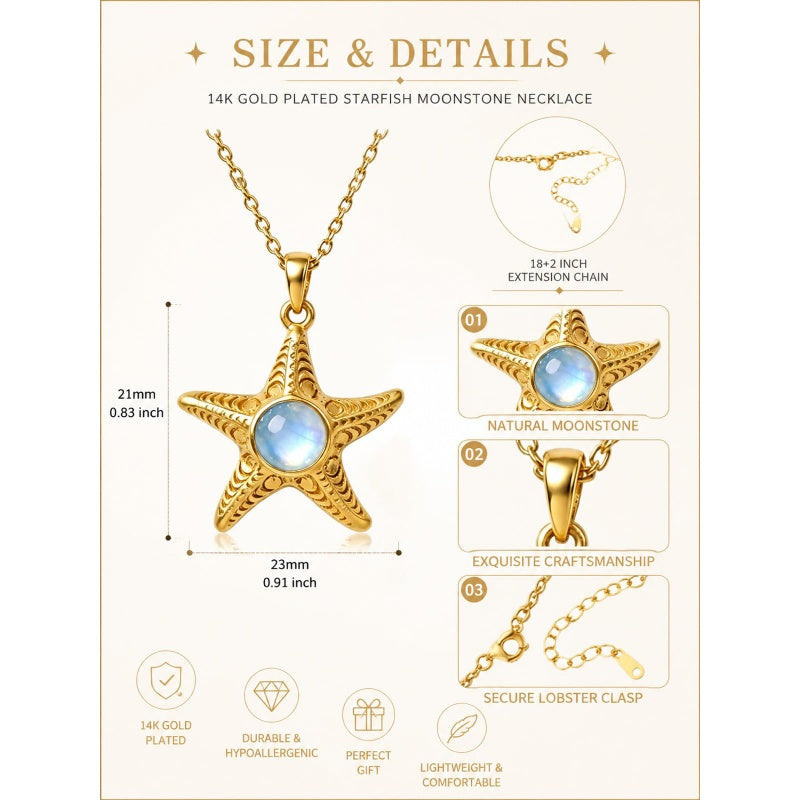 14K Gold Plated Moonstone Octopus Sea Turtle Conch Shell Starfish Seashell Ocean Necklace for Women