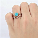 Sterling Silver Personalized Engraved 1-3CT Turquoise Engagement  Wedding Promise Ring Set for Her