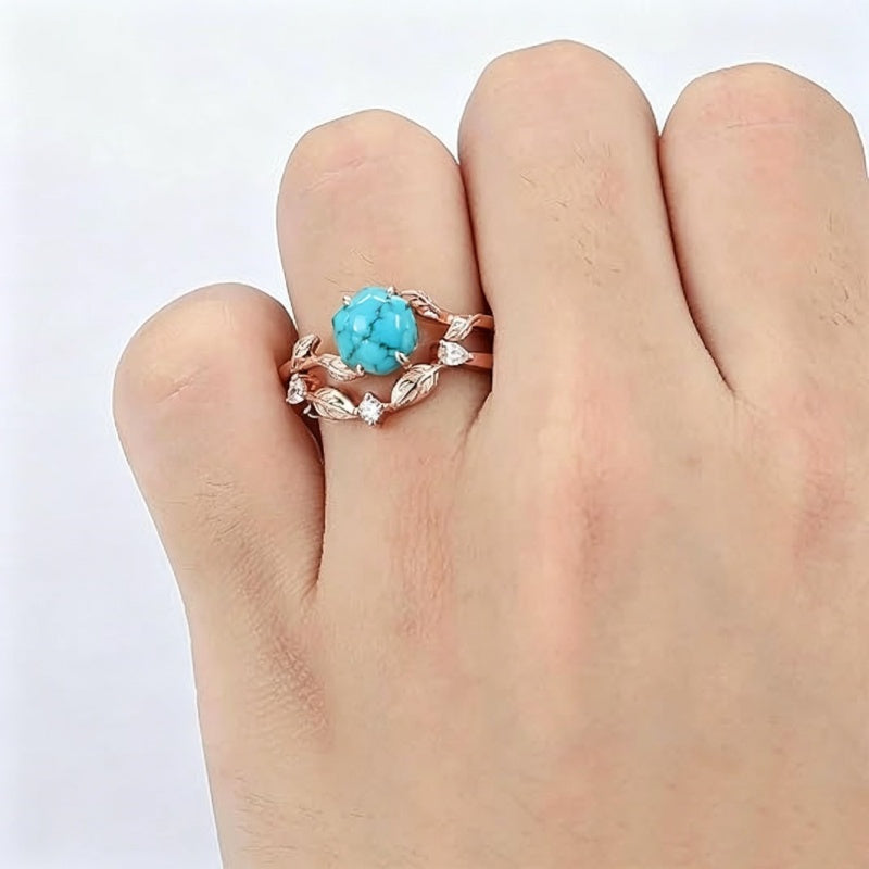 Sterling Silver Personalized Engraved 1-3CT Turquoise Engagement  Wedding Promise Ring Set for Her