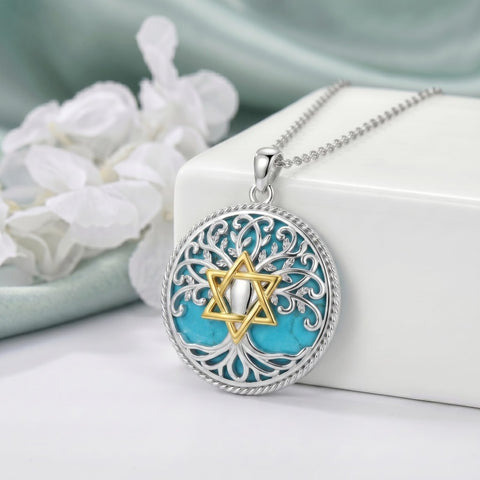 Sterling Silver Turquoise Sun and Moon AA Sobriety Celtic Knot Cross DNA Star of David Tree of Life Pendant Necklace