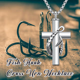 Sterling Silver Personalized Engraved Fish Hook & Cross Urn Necklace for Ashes