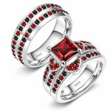 Sterling Silver 10K 14K 18K Gold Personalized Engraved  Halloween Dark Red Gemstone Couple Ring Set