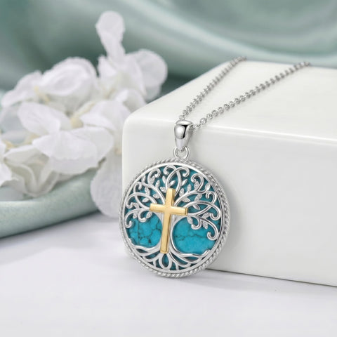 Sterling Silver Turquoise Sun and Moon AA Sobriety Celtic Knot Cross DNA Star of David Tree of Life Pendant Necklace