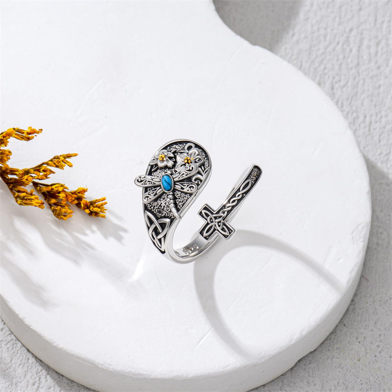 Sterling SilverJesus Cross Bee Cross  Dragonfly Cross Moonstone Sunflower Tree of Life Sunflower Adjustable Spoon Ring