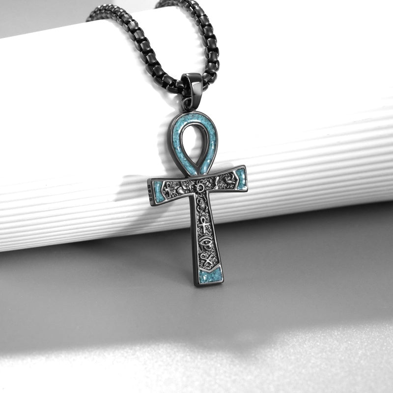 14K Gold Plated Turquoise Malachite Abalone Shell Cross Pendant Necklace for Men