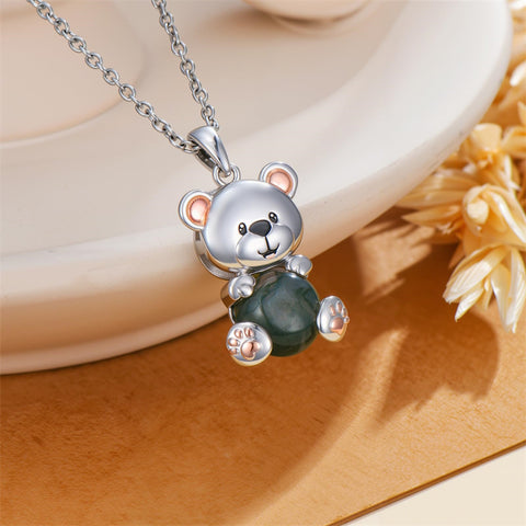 Sterling Silver Moss Agate Hippo Koala Elephant Teddy Bear Pendant Necklace